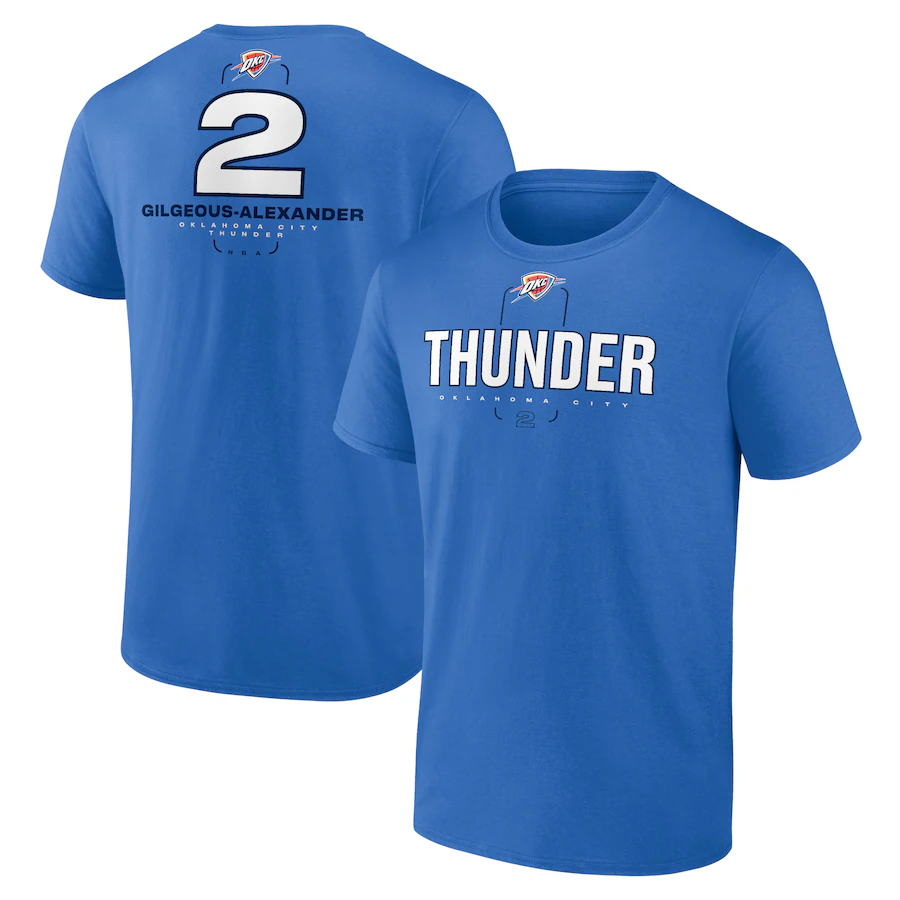 Men's Oklahoma City Thunder #2 Shai Gilgeous-Alexander Blue Behind The Back Name & Number T-Shirt Men's Oklahoma City Thunder #2 Shai Gilgeous-Alexander Blue Behind The Back Name & Number T-Shirt